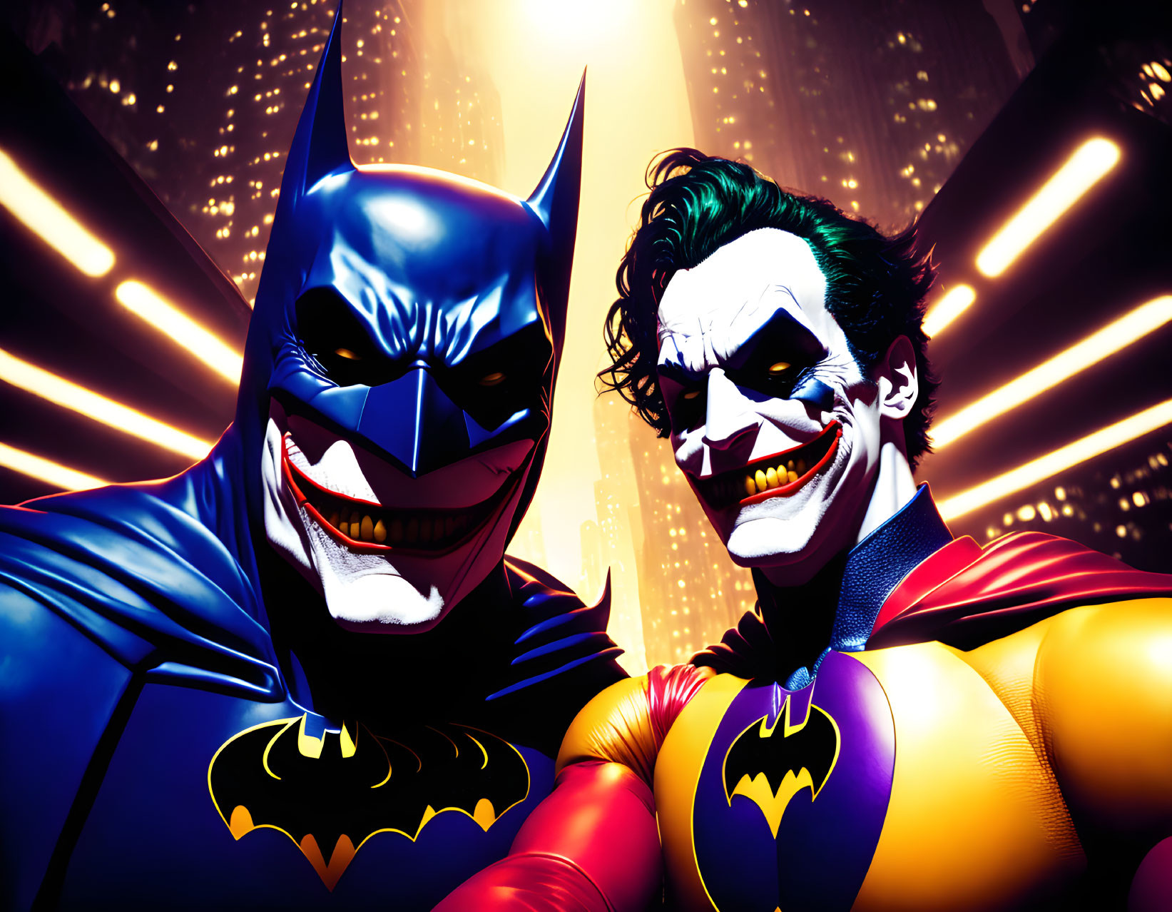 Colorful Batman and Joker illustration with cityscape background and iconic costumes.