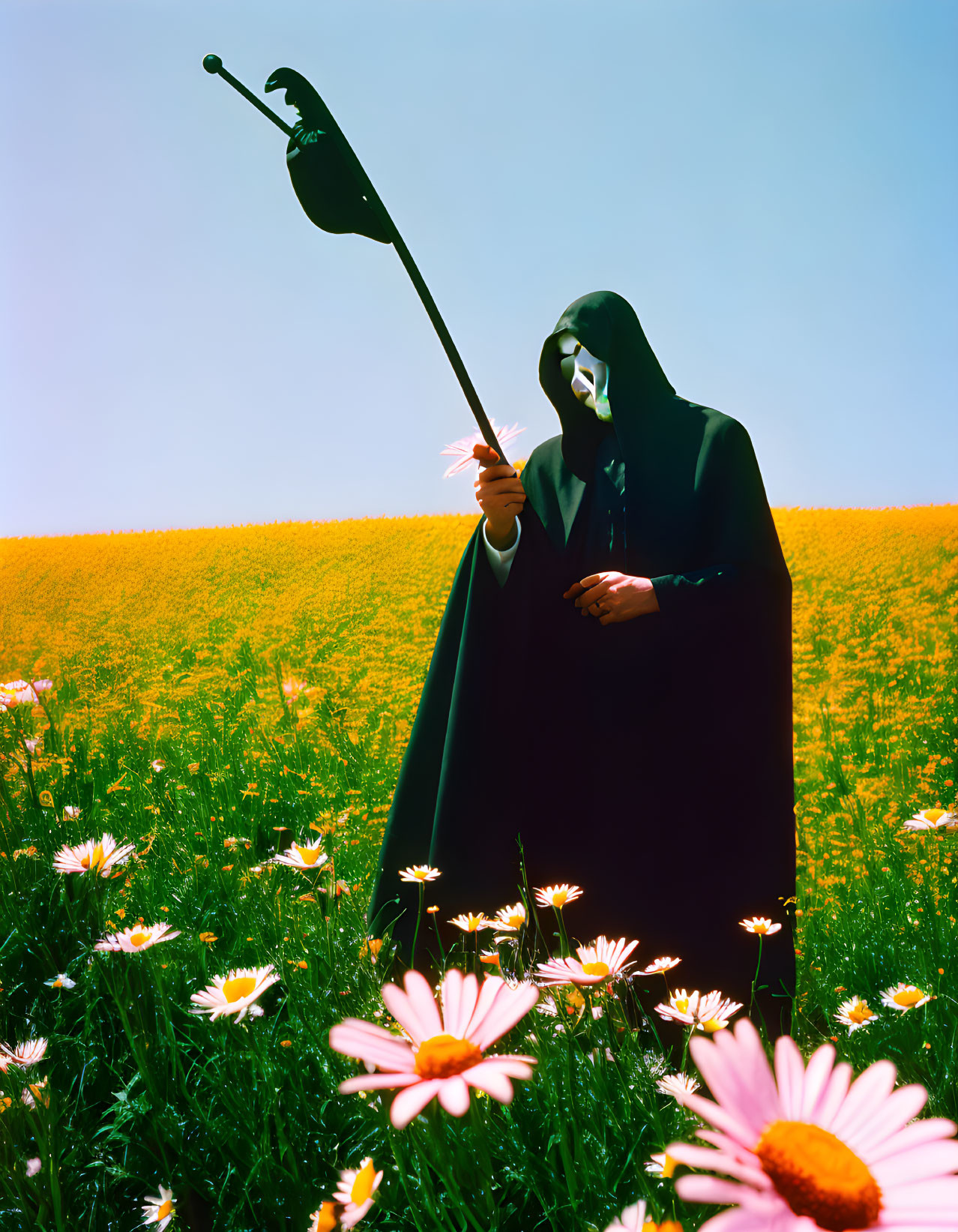 Robed Figure with Scythe in Daisy Field on Blue Sky Background