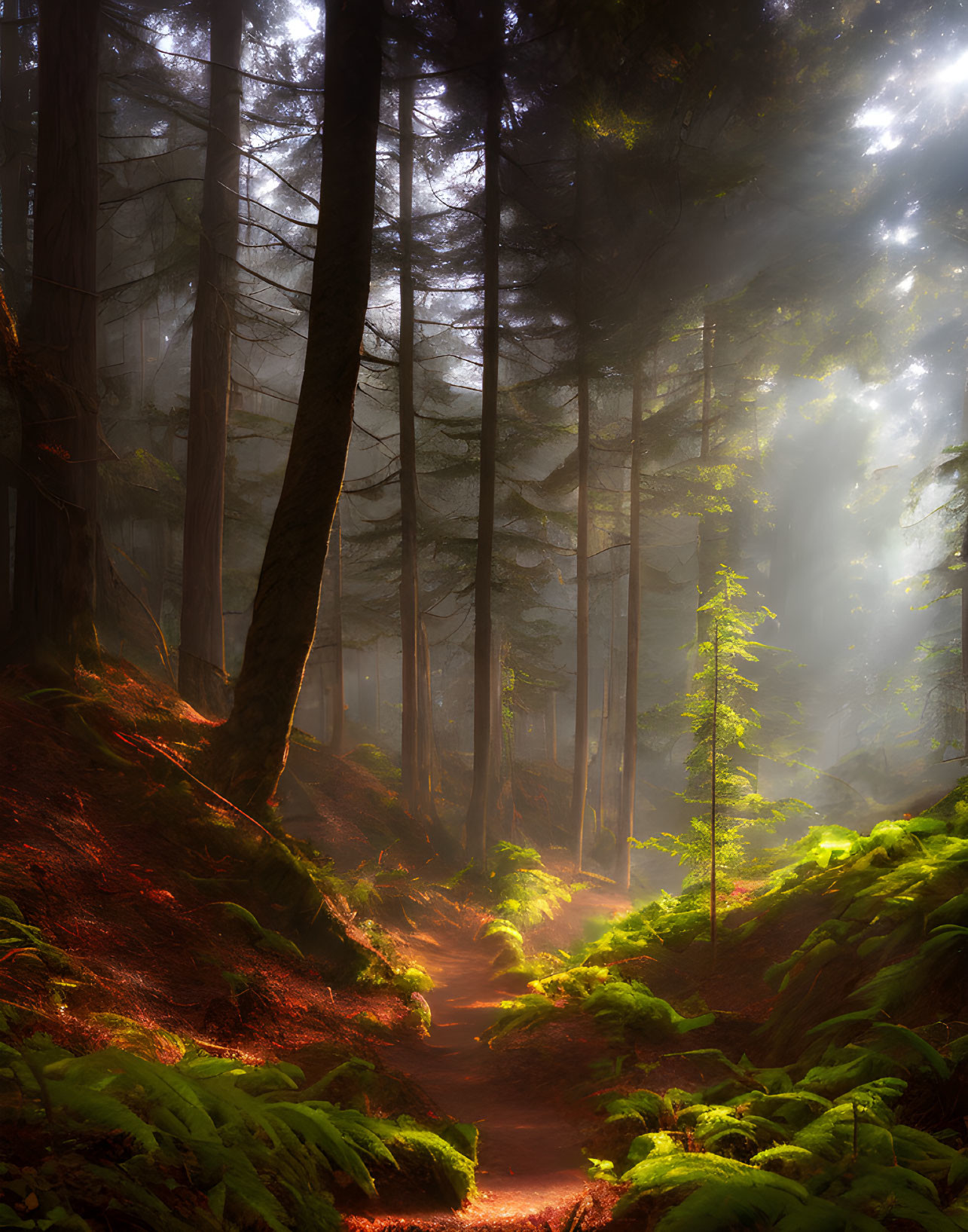 Misty forest with sunlight filtering through towering trees