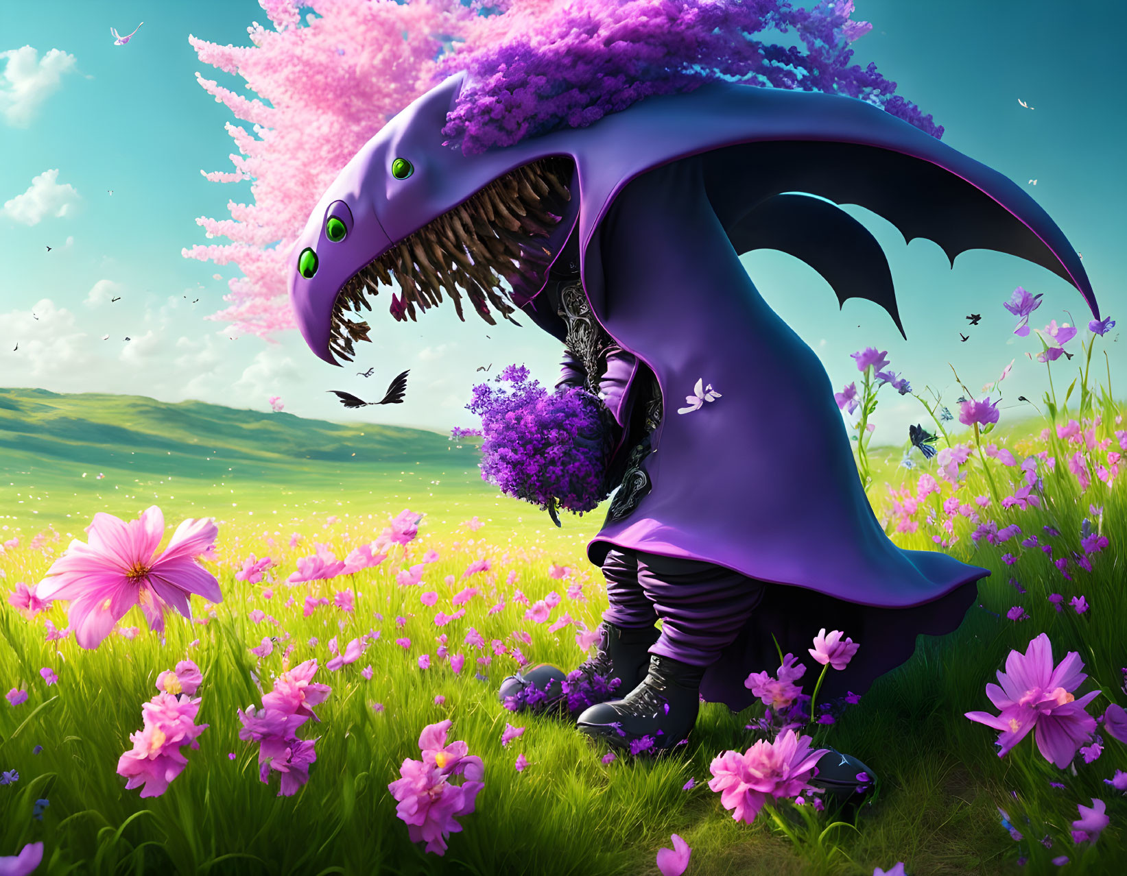 Floral dragon creature with bat wings in pink flower field