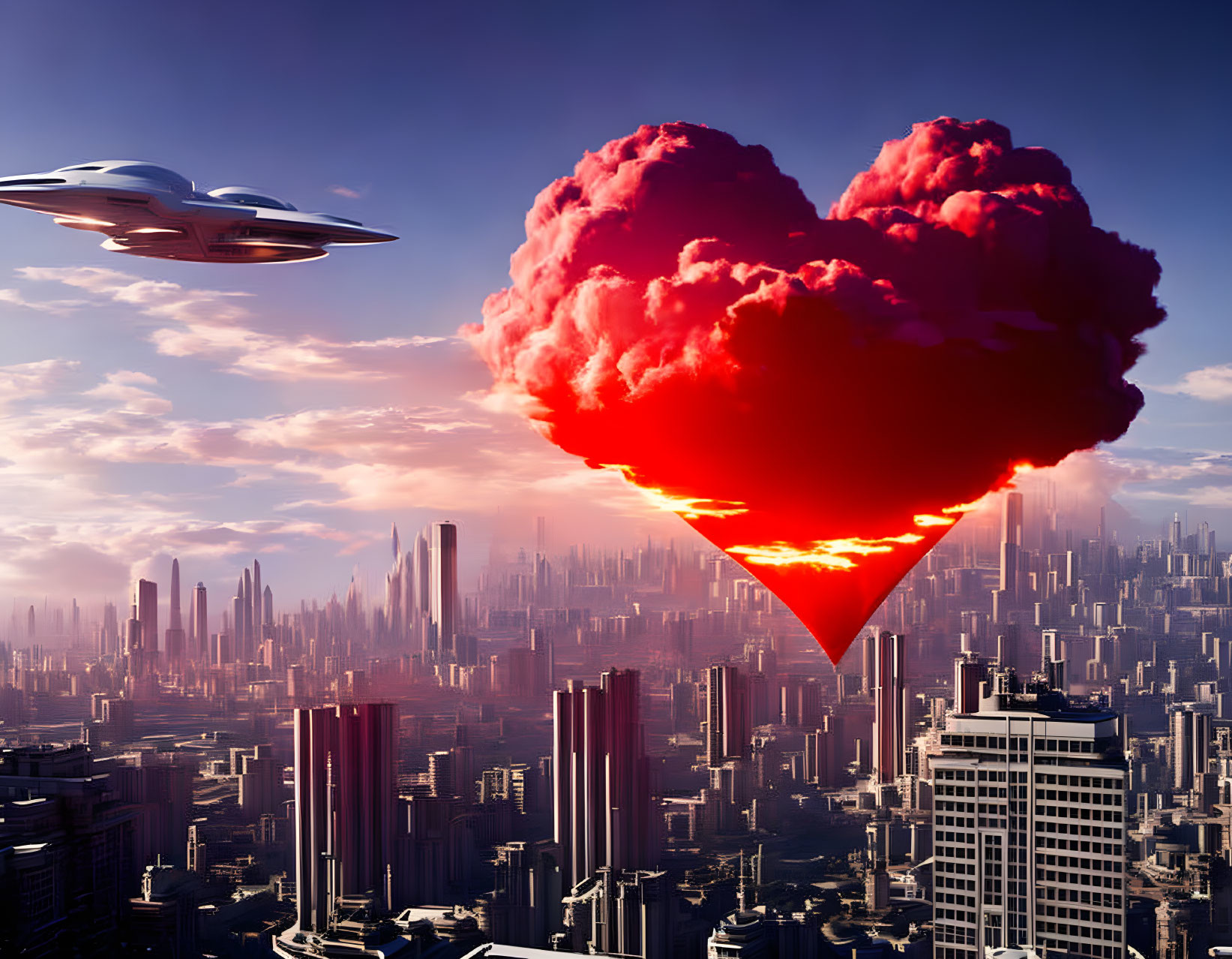 Futuristic cityscape with heart-shaped cloud and flying saucer at sunrise