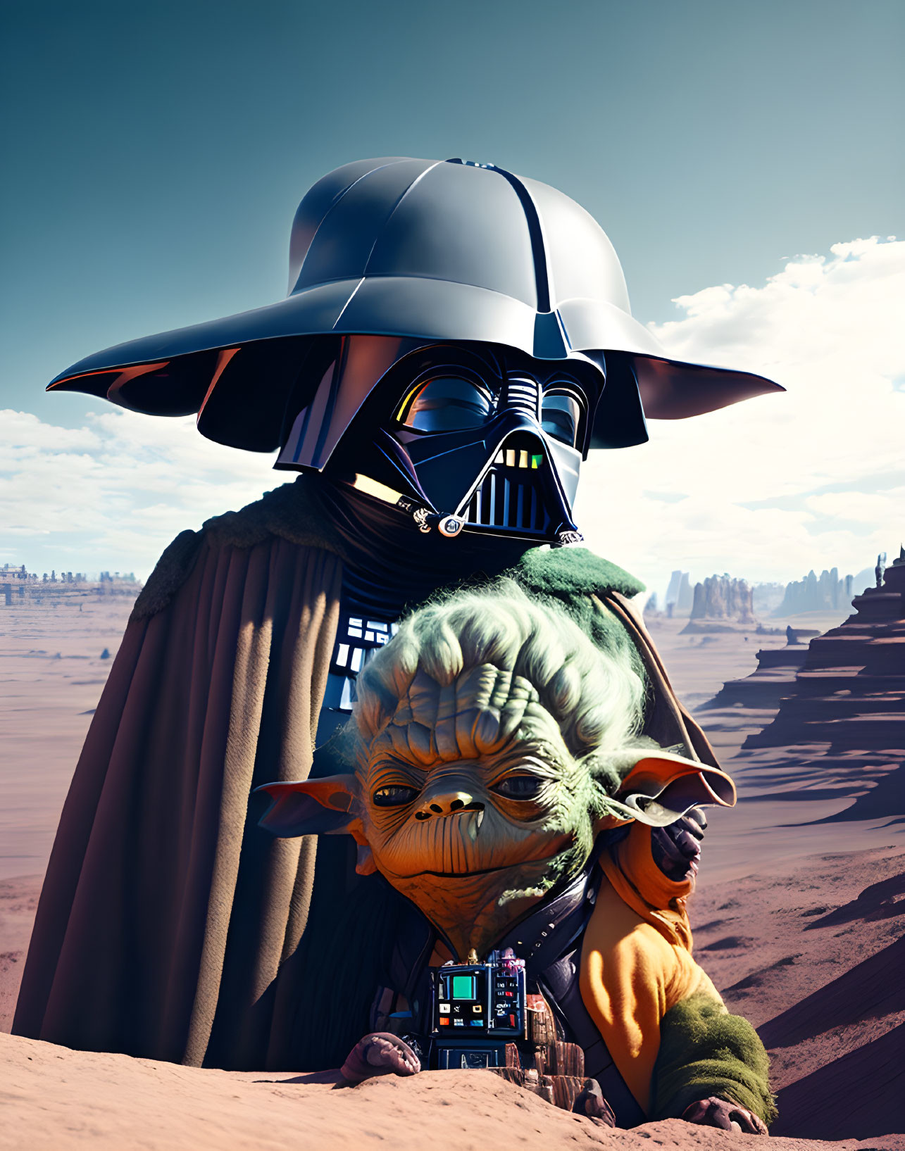 Darth Vader and Yoda on desert planet under blue sky