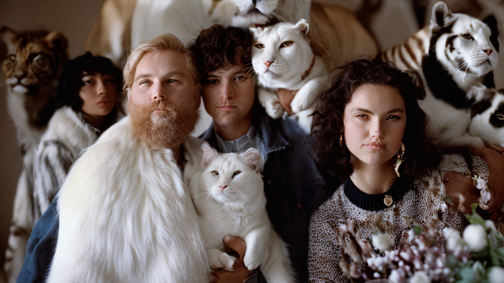 Group of People with Plush Big Cat Toys in Eclectic Setting