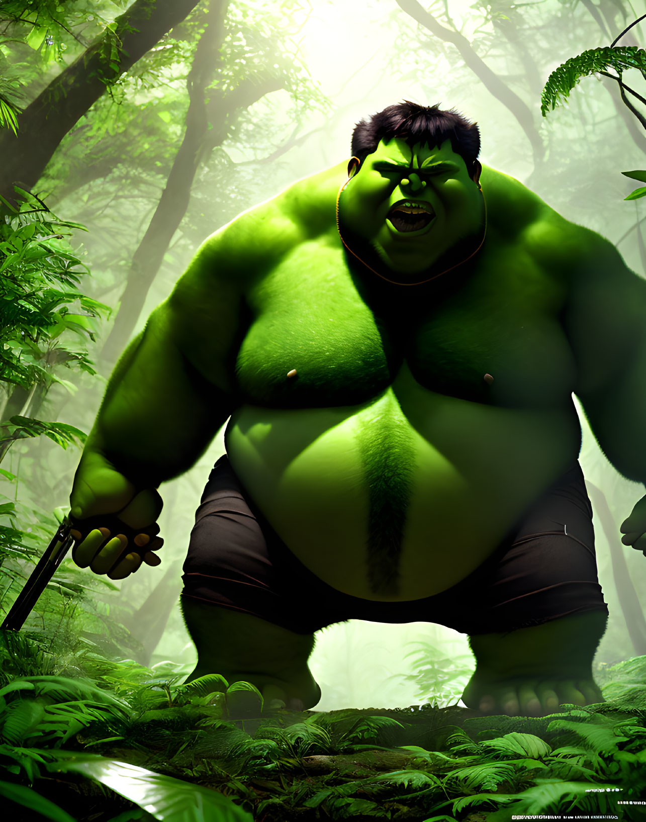 Animated Hulk in misty green forest with frown and club