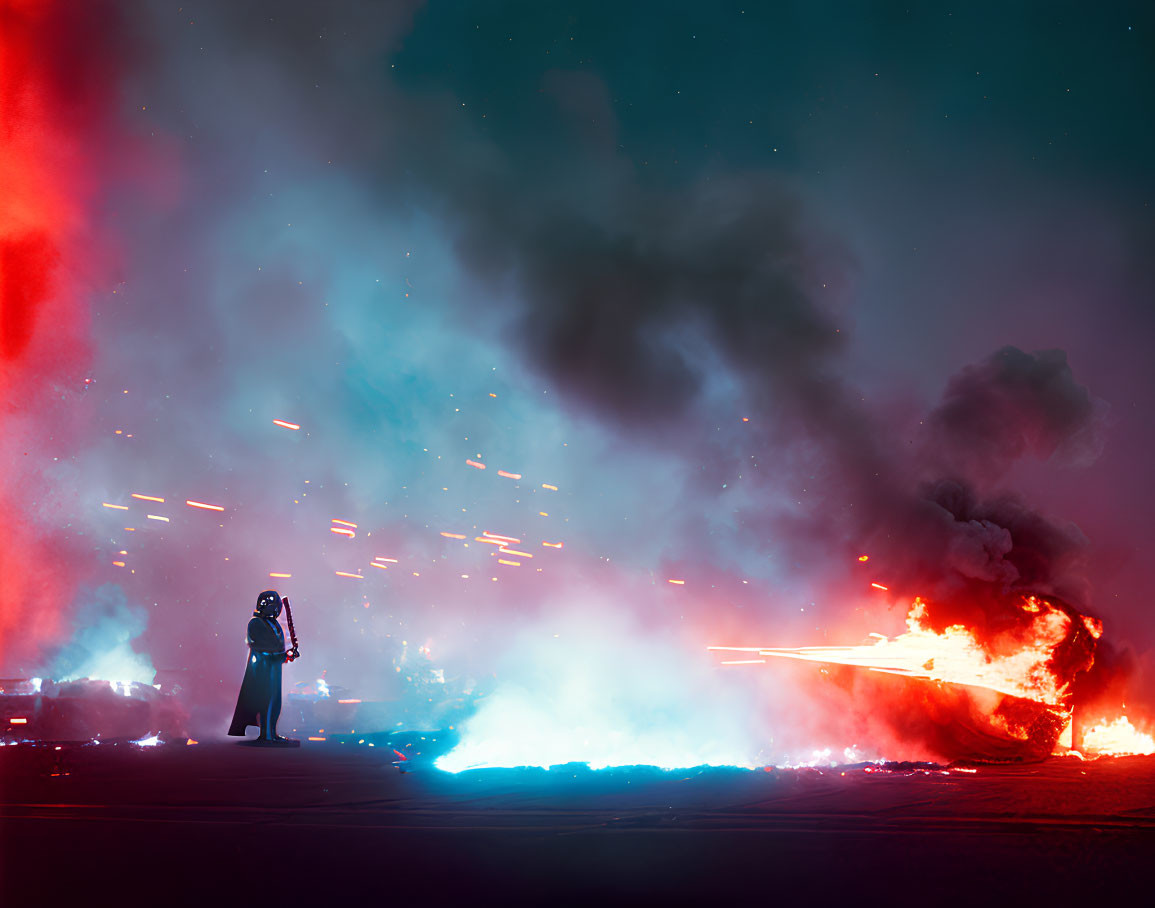 Person surrounded by vibrant fireworks and flaming vehicle in night scene