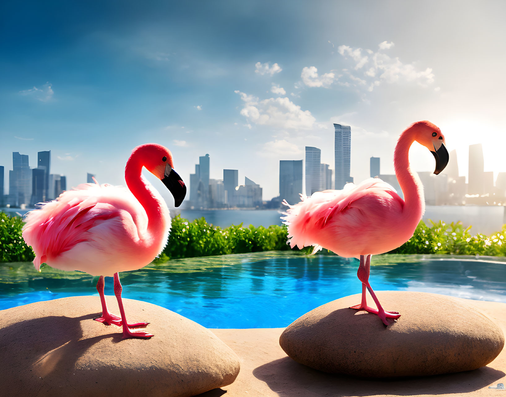 Vibrant pink flamingos on rocks by a city skyline and blue sky