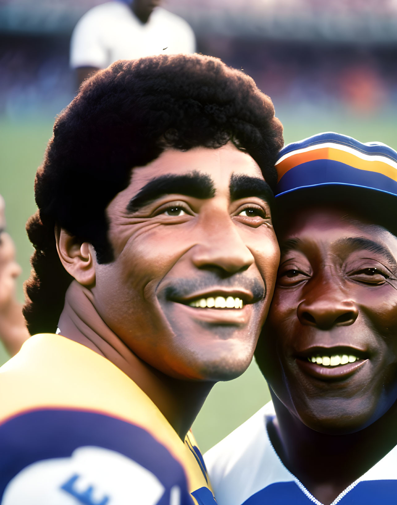 Two Smiling Men in Sports Attire at Close-Up Sports Event