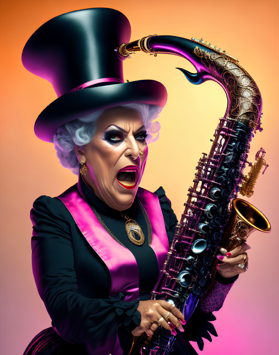 Extravagant character in top hat and pink scarf with ornate saxophone on gradient background