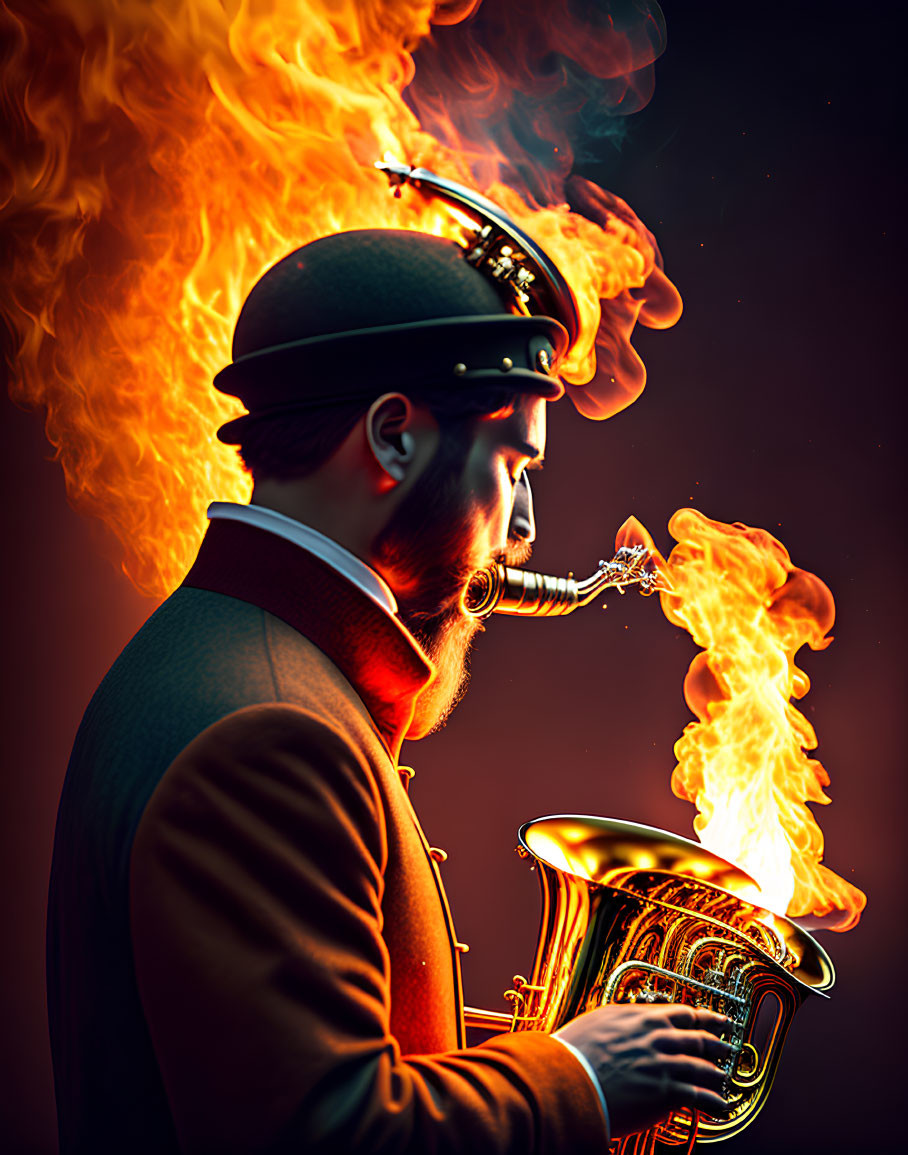 Man in bowler hat playing brass instrument with fiery plume against dark background