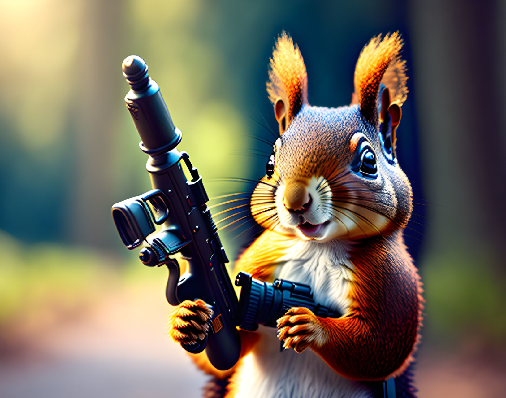 Stylized illustration of squirrel with black rifle in forest setting