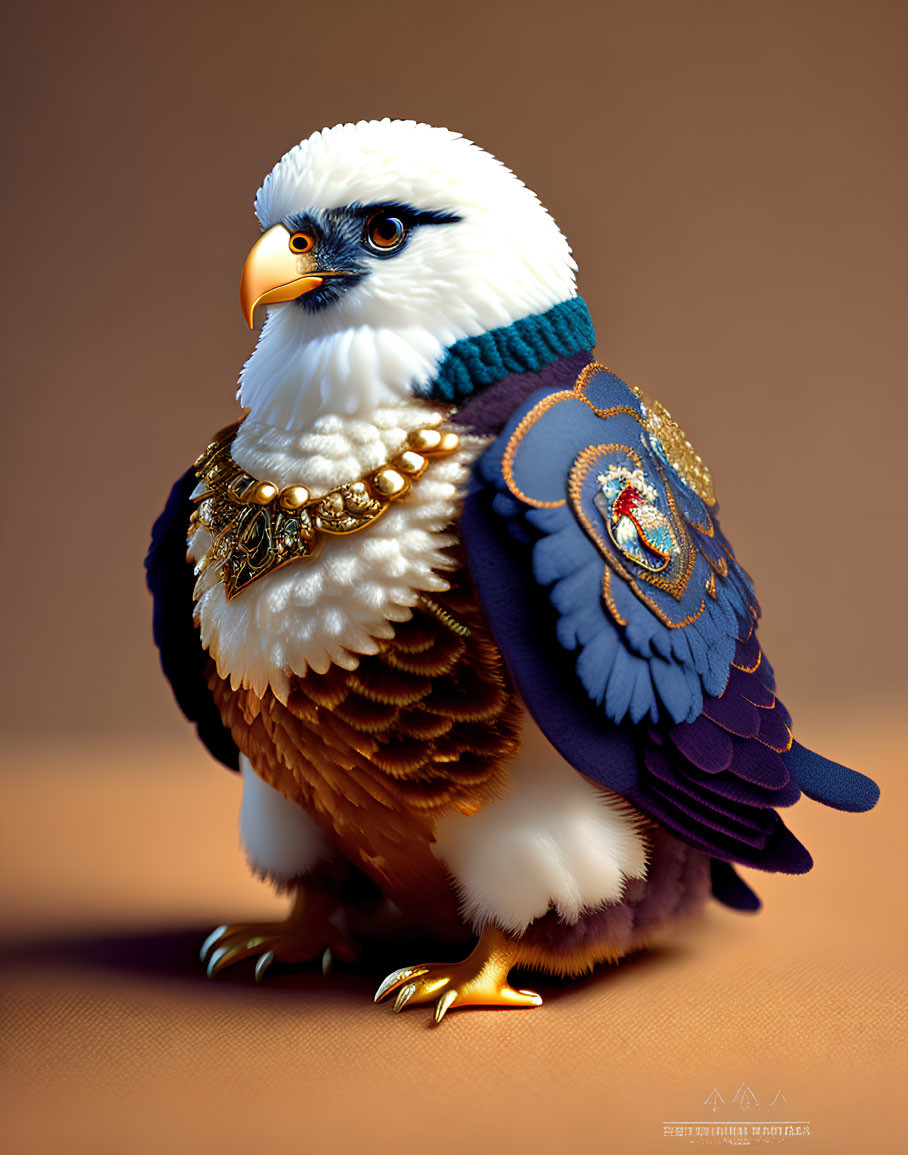 Regal anthropomorphic eagle in ornate clothing against tan backdrop