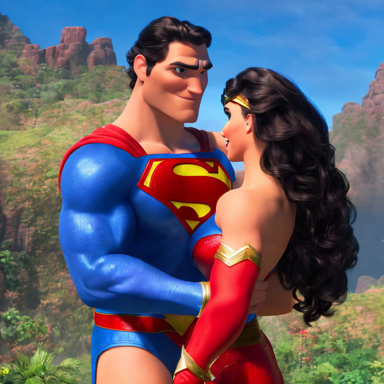 Male and female animated superheroes in blue, red, gold, and cape gaze lovingly.