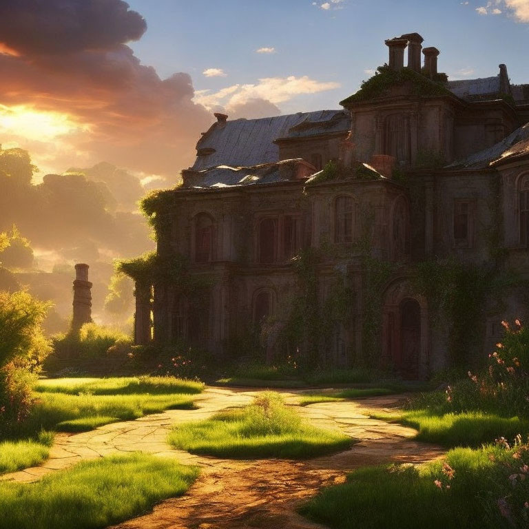 Abandoned mansion engulfed in overgrowth at sunset