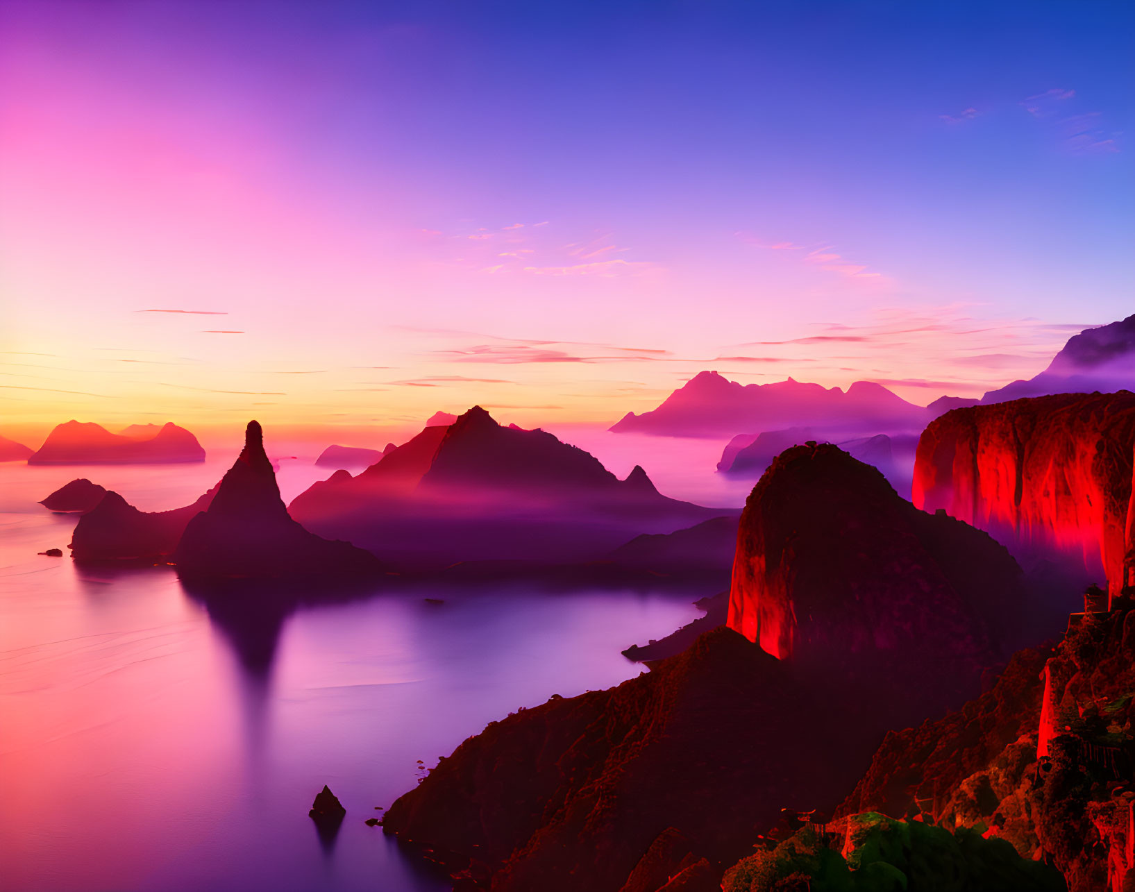 Serene ocean sunset with purple and orange hues over cliffs