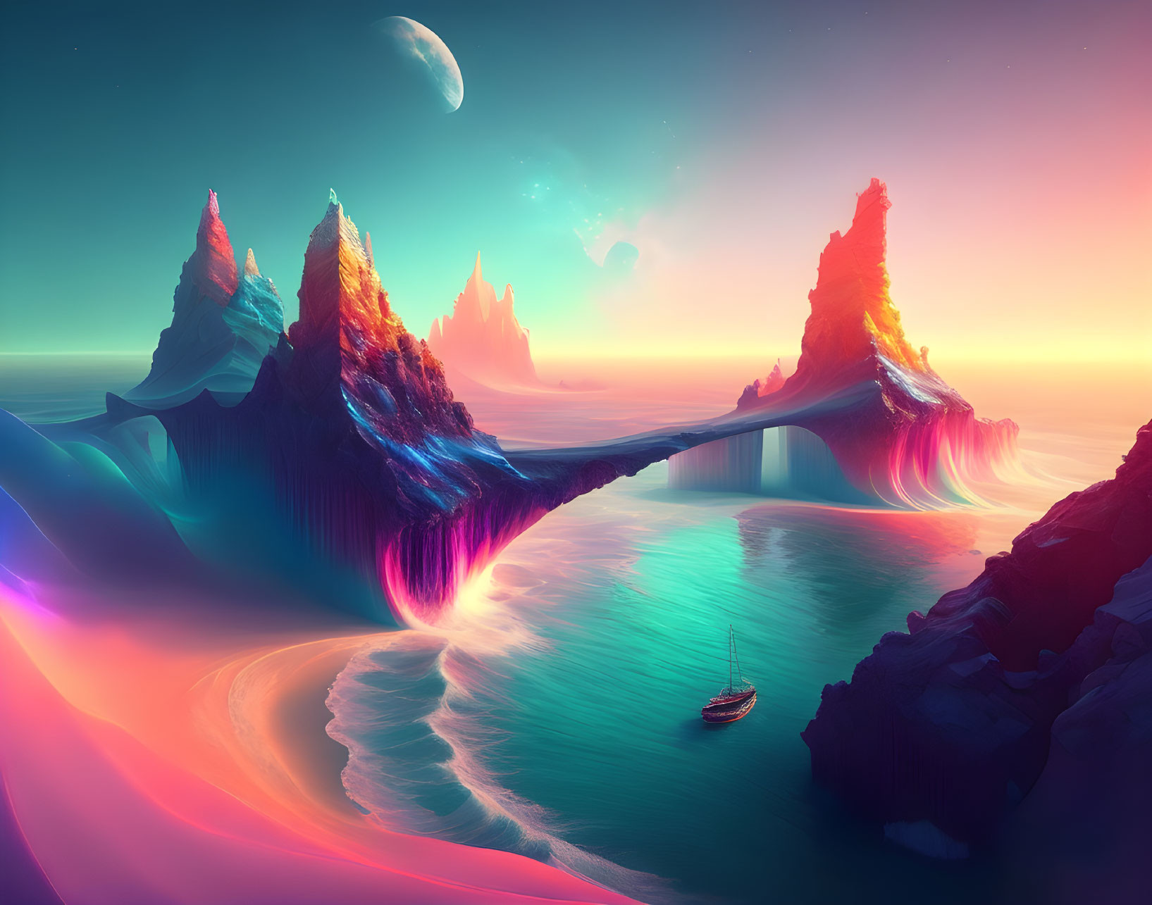 Colorful Mountainous Islands Connected by Land Bridge in Vibrant Fantasy Landscape