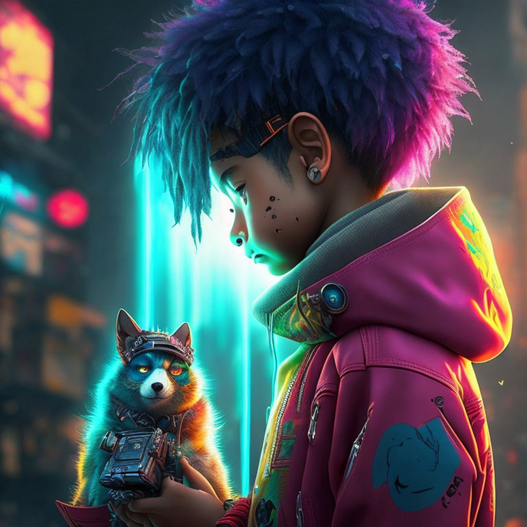 Futuristic boy with purple hair holding raccoon in urban neon backdrop