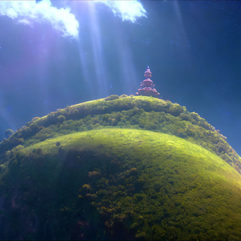 Majestic tiered tower on fantastical green hill under starry sky