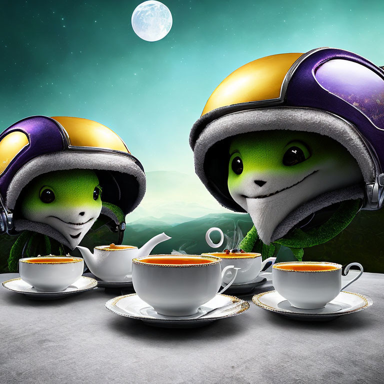 Gecko astronauts enjoying tea on moon with Earth and moon in view