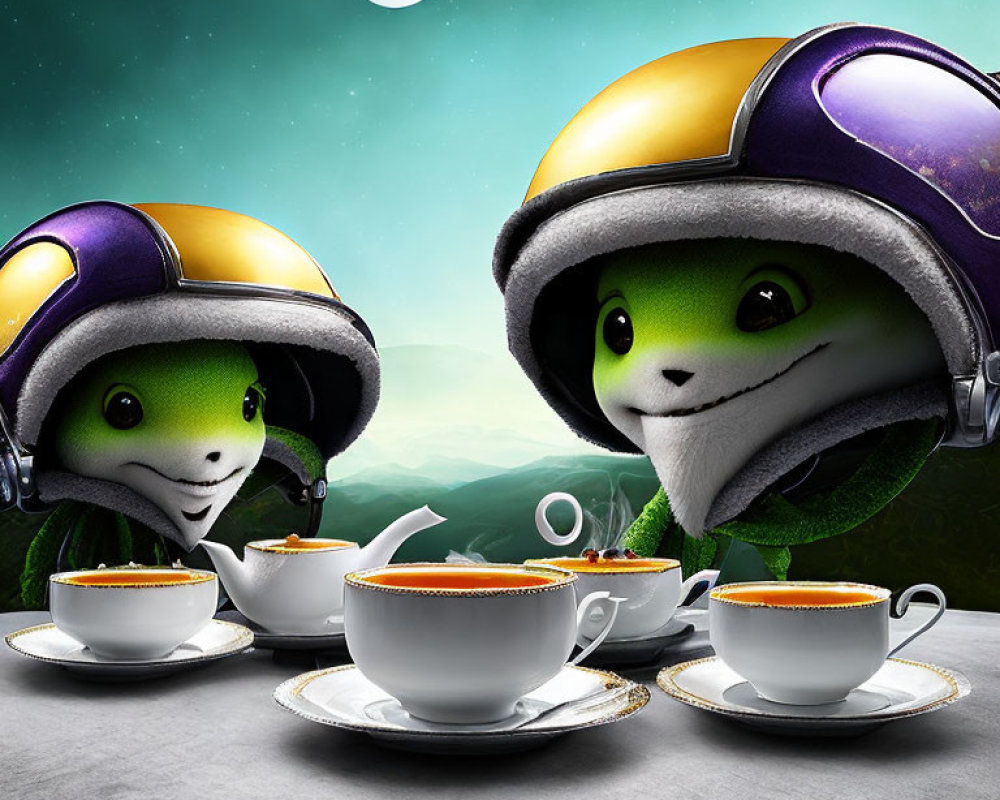 Gecko astronauts enjoying tea on moon with Earth and moon in view