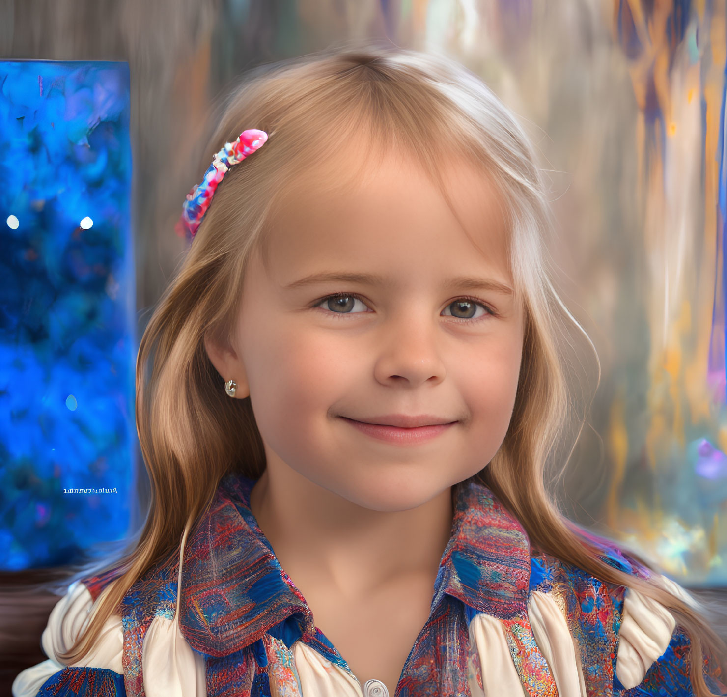 Smiling young girl in patterned outfit with colorful hair clip on blue artistic background