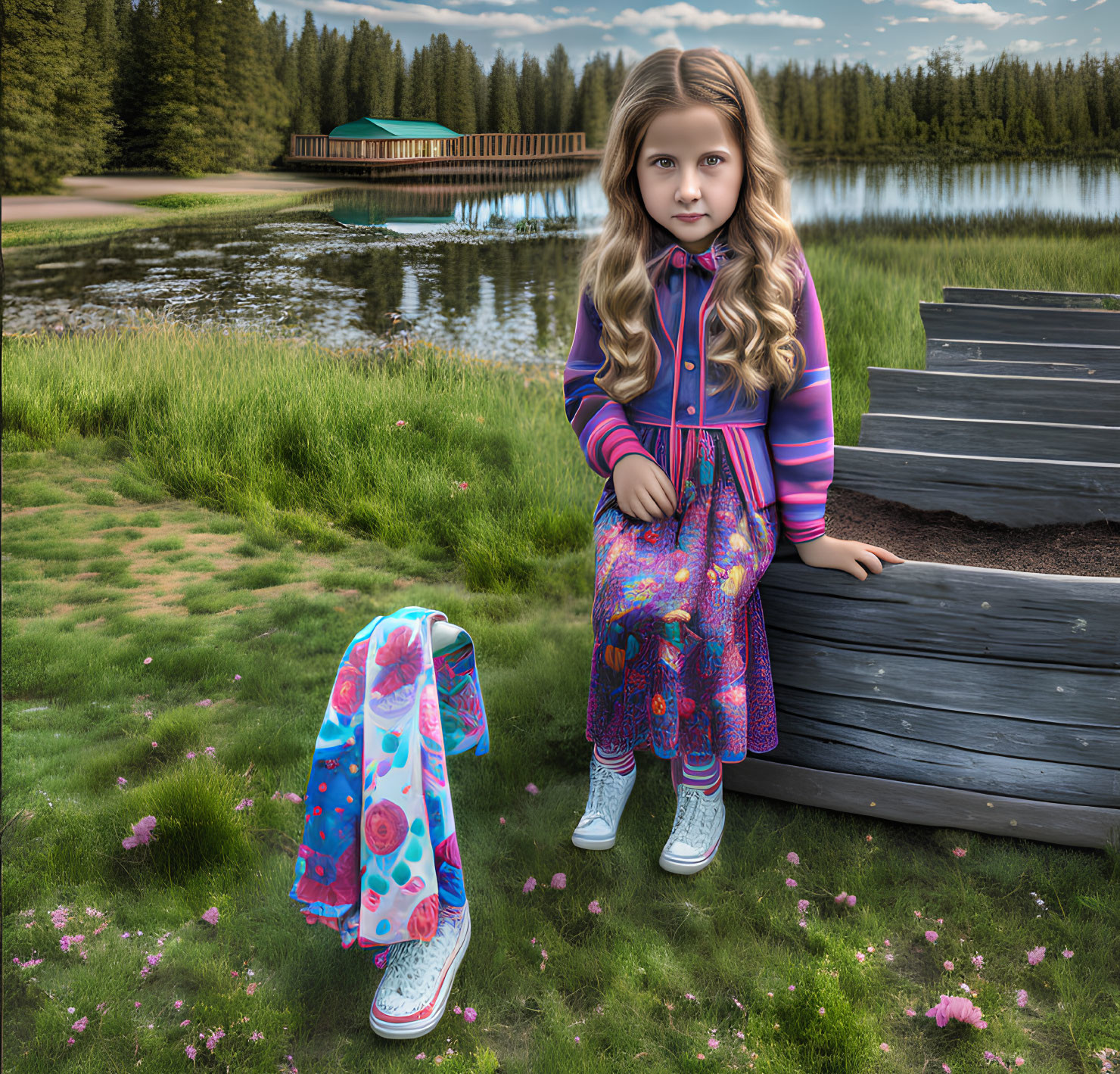 Young girl in colorful outfit by lake with wooden pier and floral jacket.