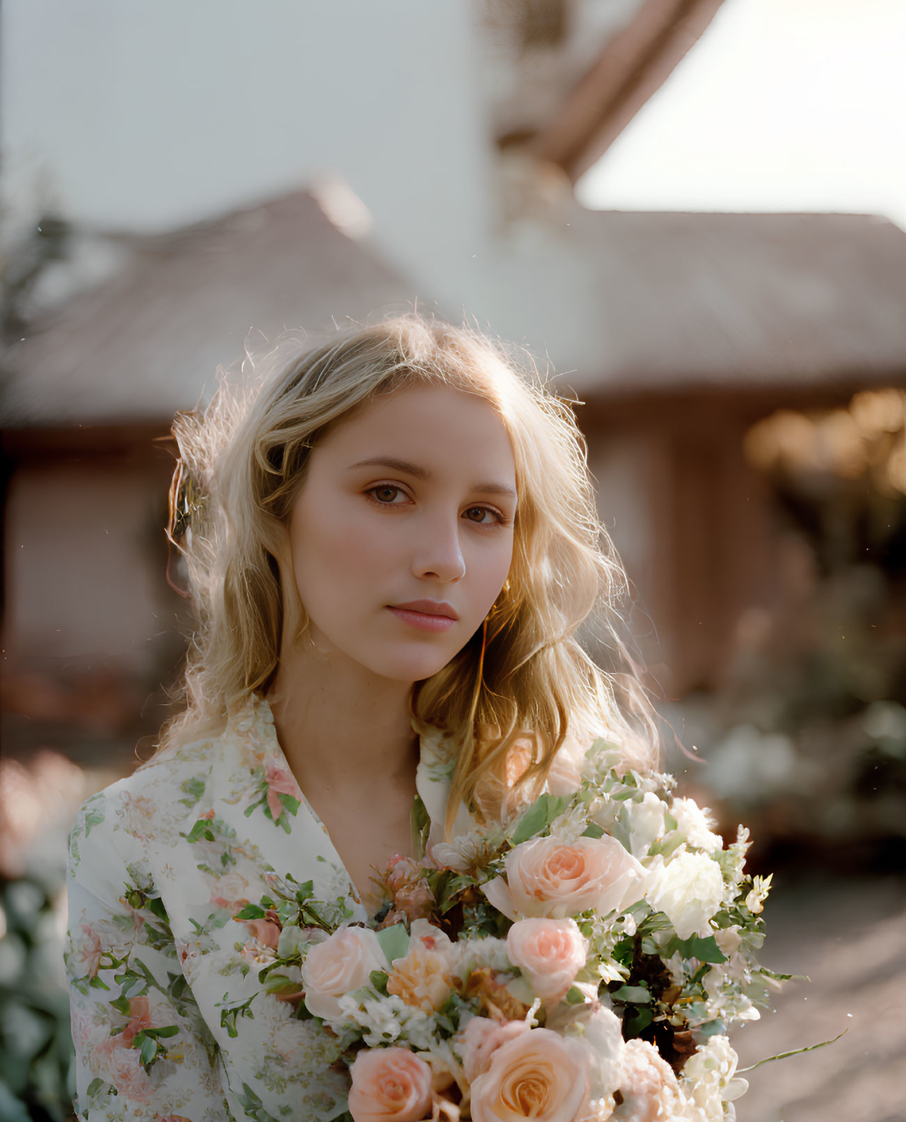 Woman in Floral Dress with Pink Roses Bouquet in Soft Sunlight and Rustic House Background