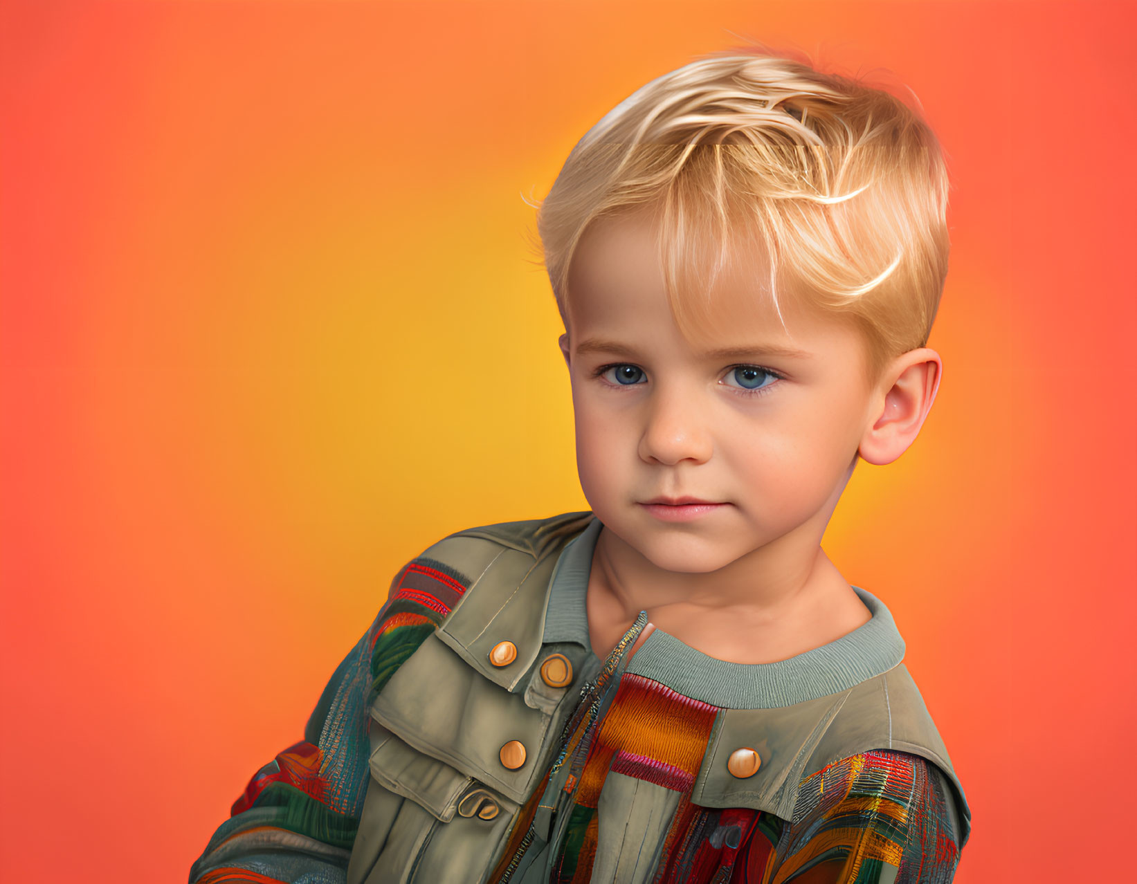 Blond-Haired Child in Green Jacket on Orange Background