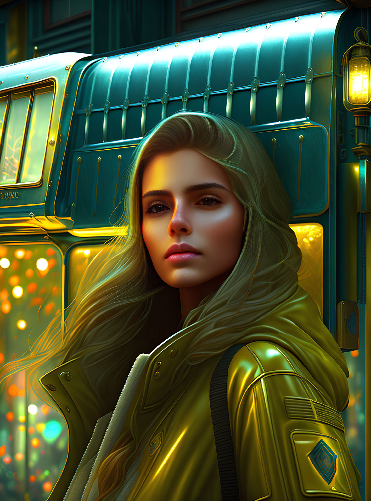 Digital portrait of woman in yellow jacket with flowing hair against teal bus backdrop.