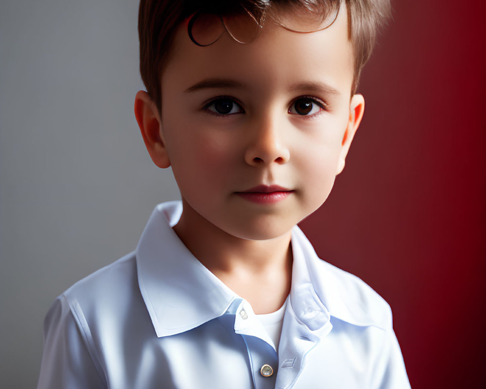 Young boy in white shirt against red-gray backdrop poses with thoughtful expression