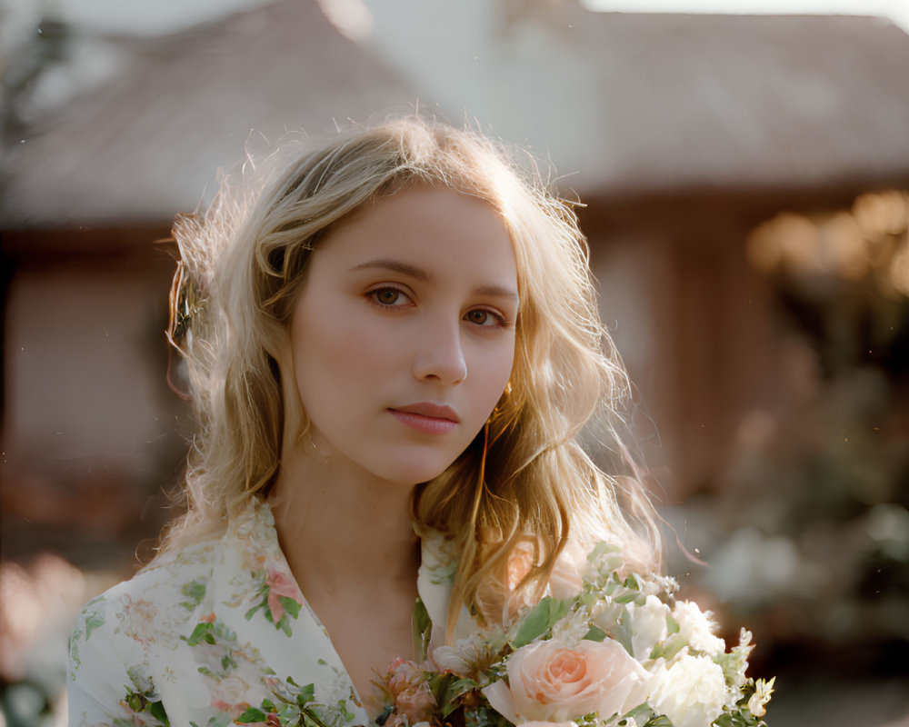 Woman in Floral Dress with Pink Roses Bouquet in Soft Sunlight and Rustic House Background