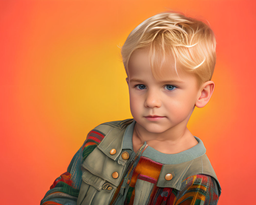 Blond-Haired Child in Green Jacket on Orange Background