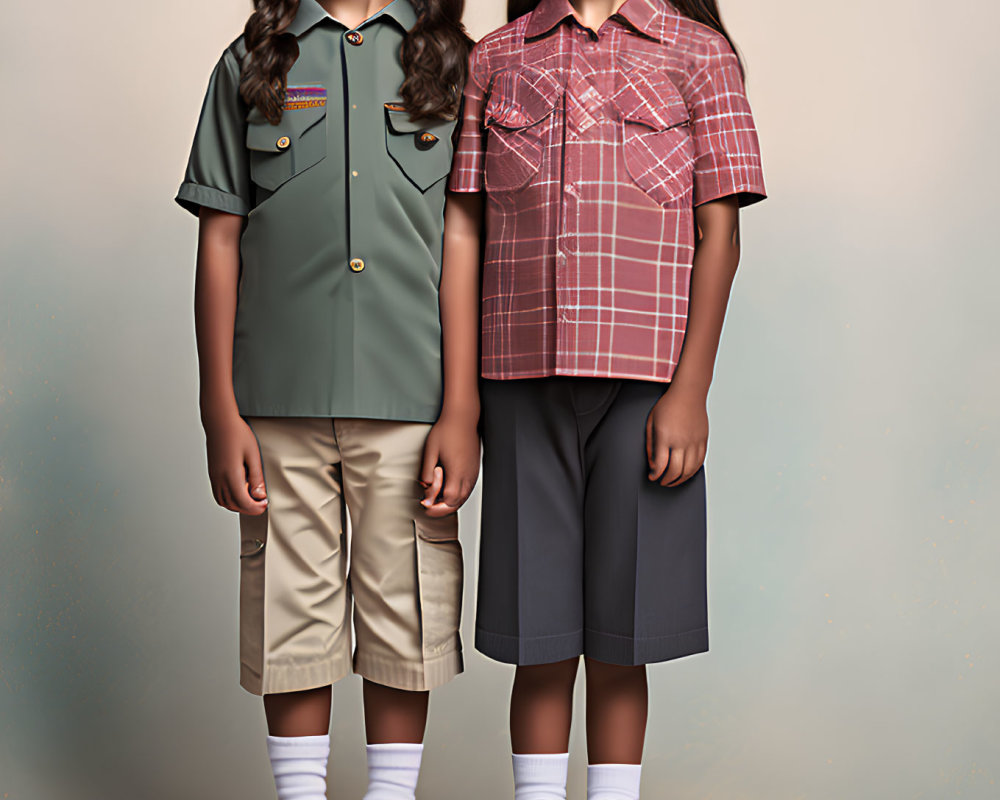 Children standing in green and red outfits with white socks and black shoes.