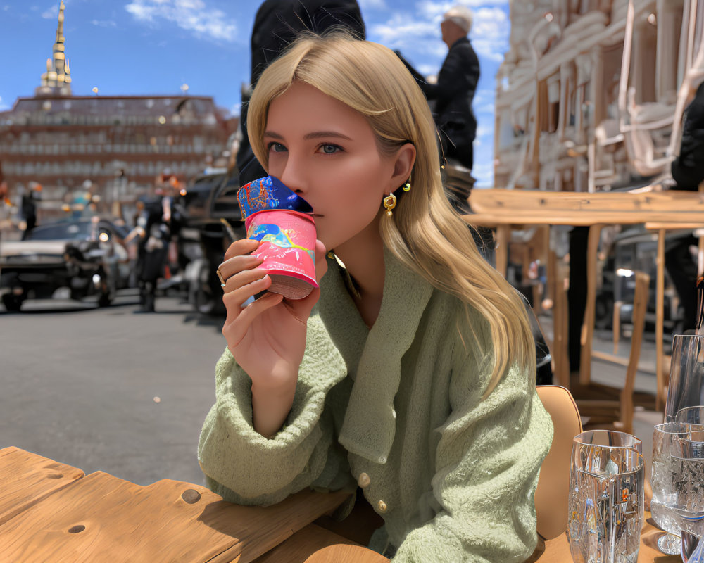 Woman enjoying drink at outdoor cafe with historical buildings and blue sky