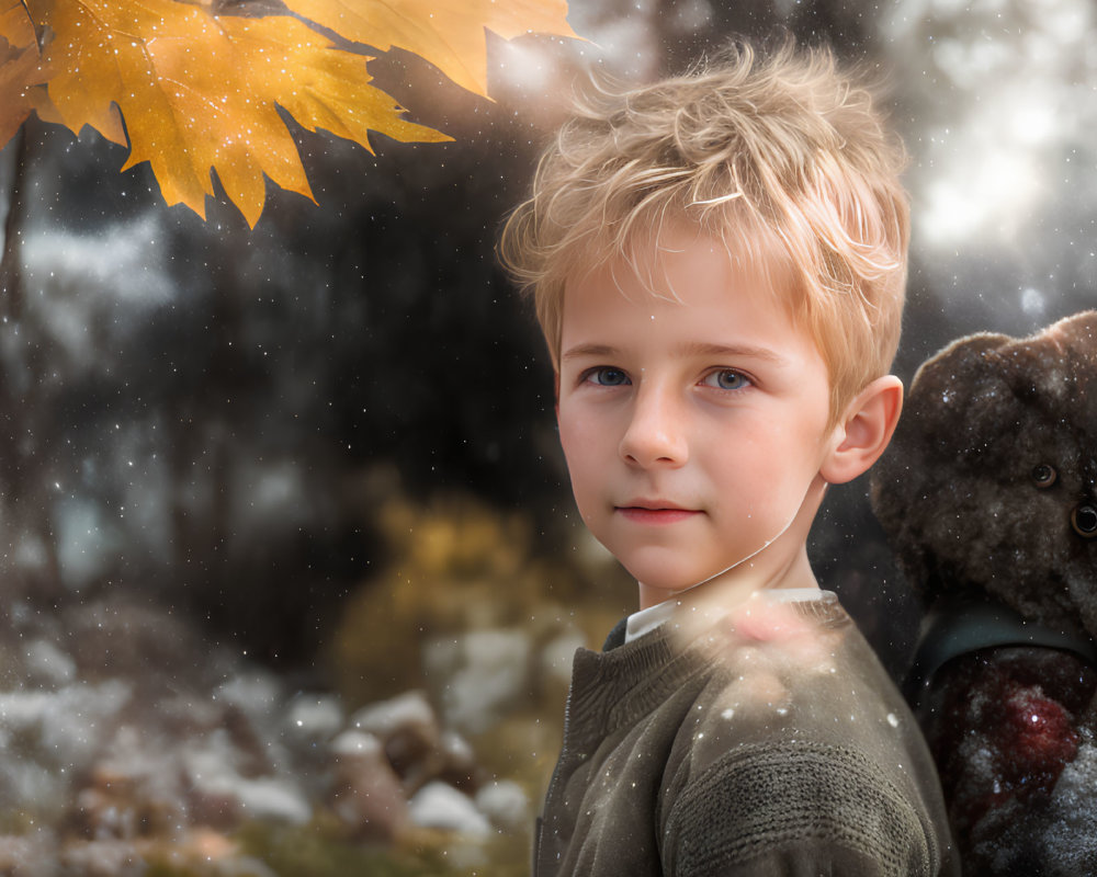 Blond-Haired Boy Outdoors with Snowflakes and Yellow Leaf