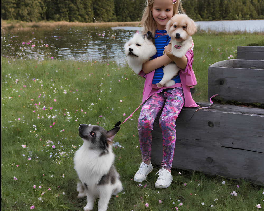 Young girl in pink jacket with white dogs by lake