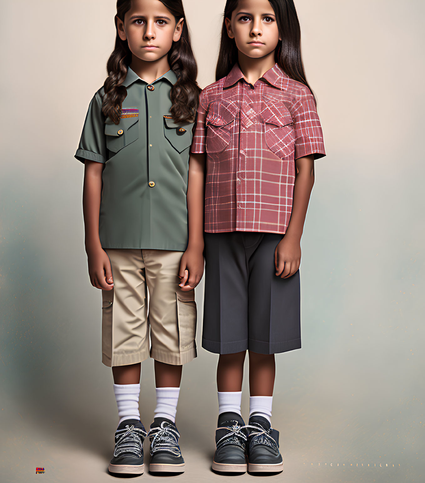 Children standing in green and red outfits with white socks and black shoes.