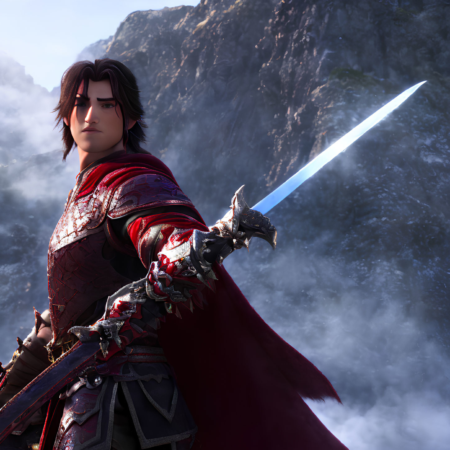 Armored knight with red cape and glowing sword against rocky mountain.