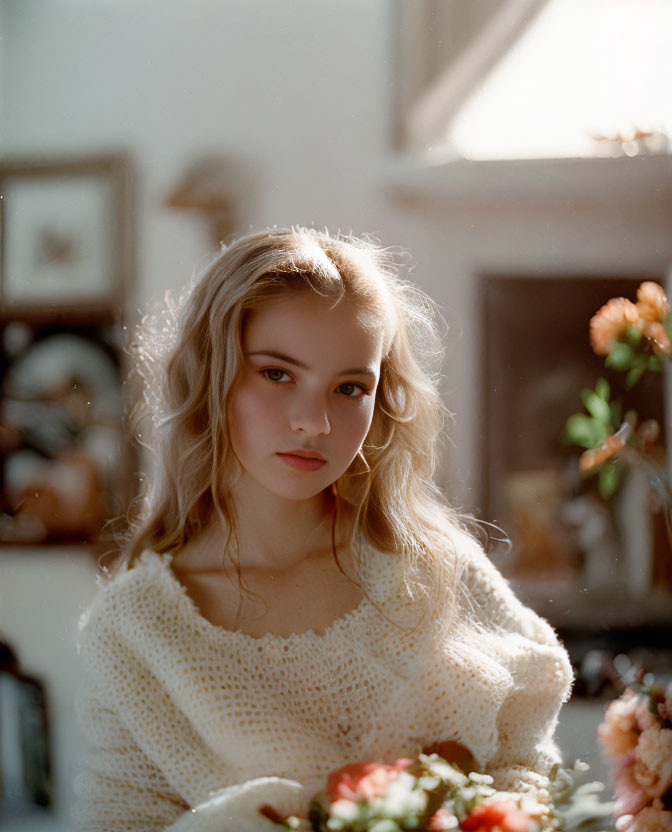 Blonde Woman in White Sweater Surrounded by Flowers