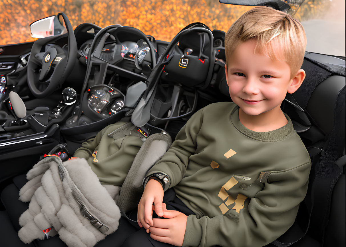 Blond-Haired Boy Smiling in Luxury Car with Autumn Leaves