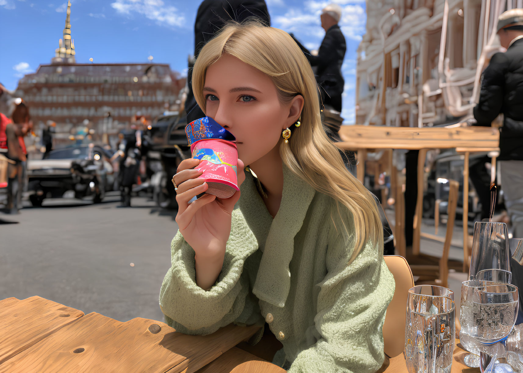 Woman enjoying drink at outdoor cafe with historical buildings and blue sky