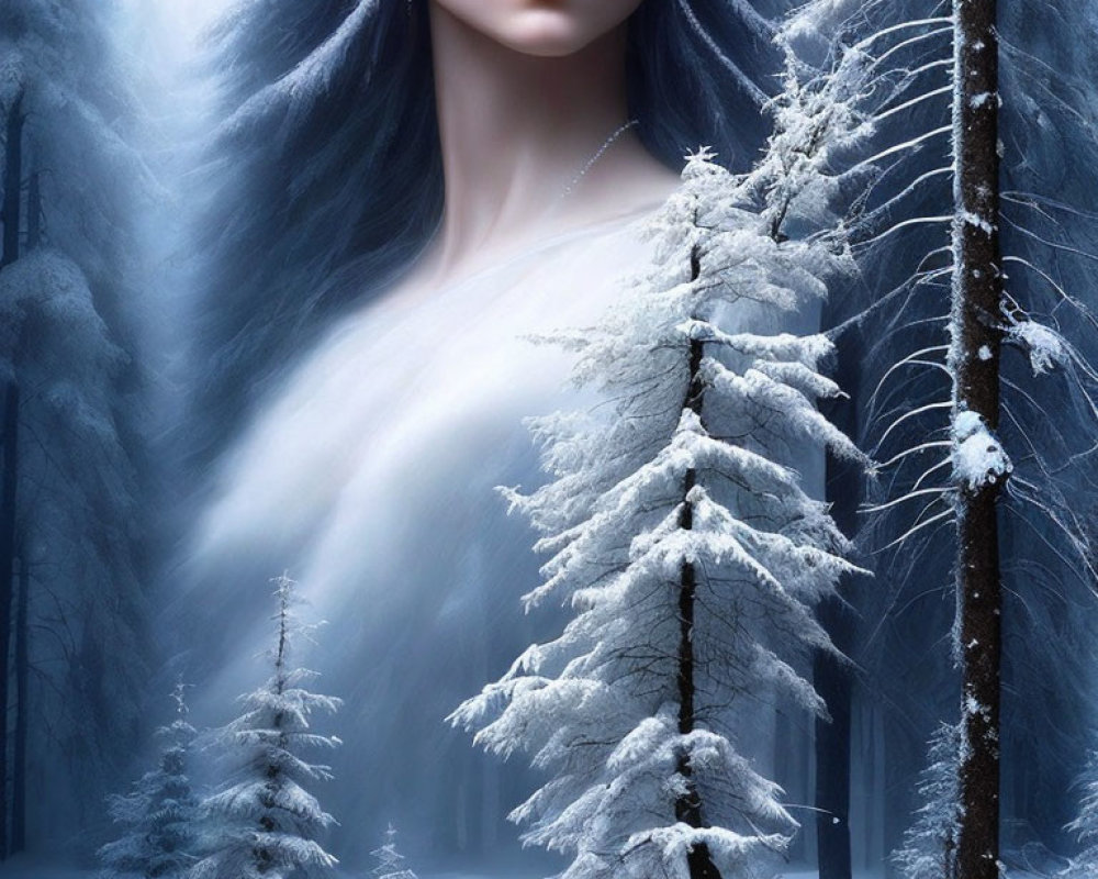 Surreal image: Woman's face merges with snowy forest, frosted trees, ethereal light