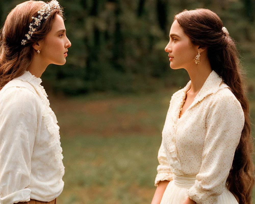 Vintage-clad women in woodland setting.