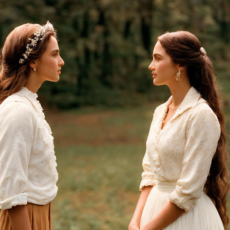 Vintage-clad women in woodland setting.