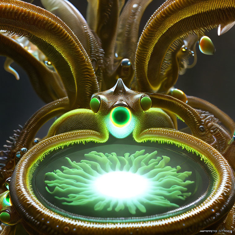 Intricate alien entity with glowing green eyes and tentacle-like structures