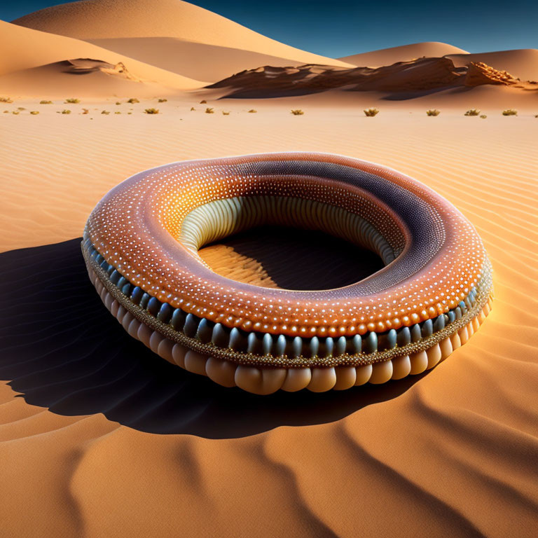 Surreal desert landscape with giant doughnut object