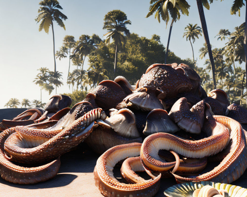 Octopus on Sunlit Beach with Palm Trees and Shells