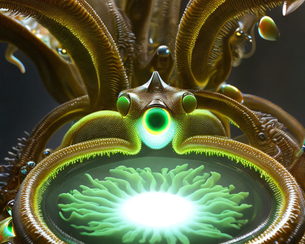 Intricate alien entity with glowing green eyes and tentacle-like structures