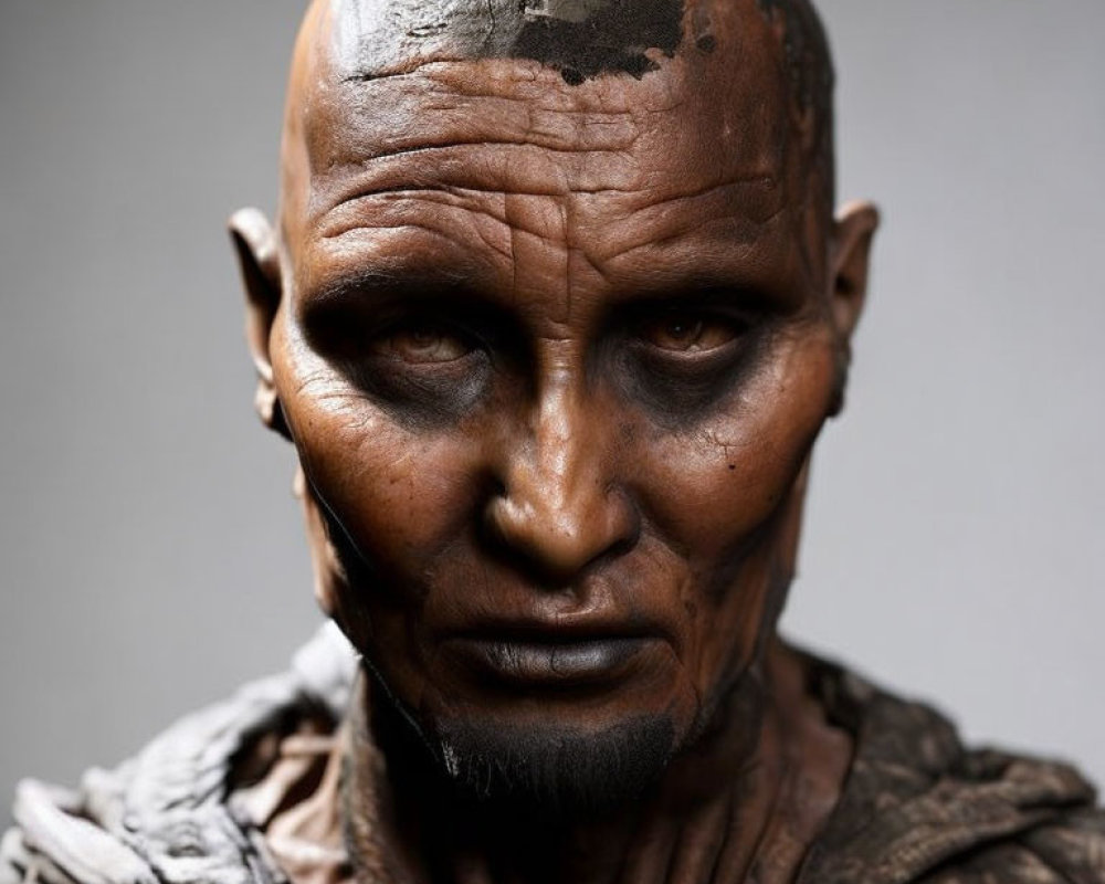 Realistic humanoid figure with bald head and dark eyes in textured attire