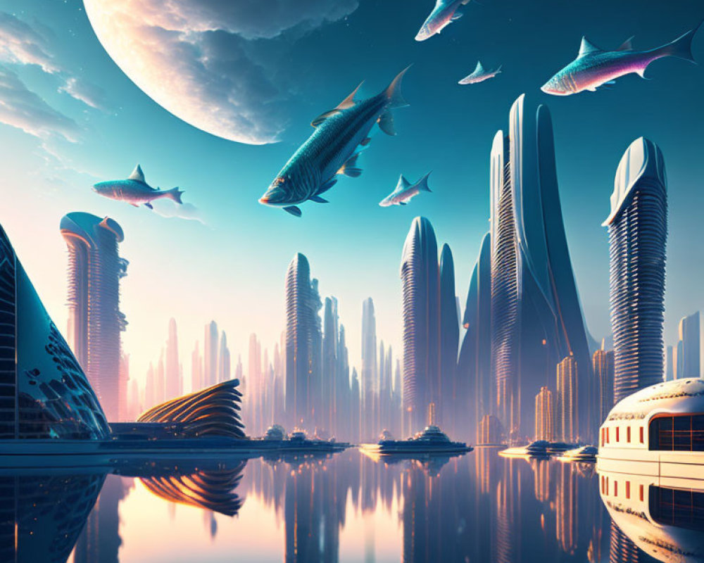 Futuristic cityscape with skyscrapers, flying fish, moon, and water bodies