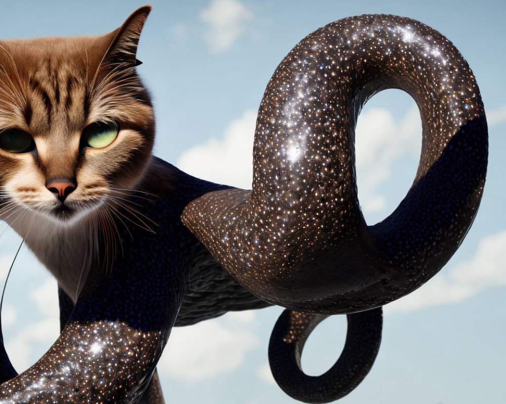 Tabby Cat with Green Eyes Next to Galaxy Infinity Symbol in Cloudy Sky